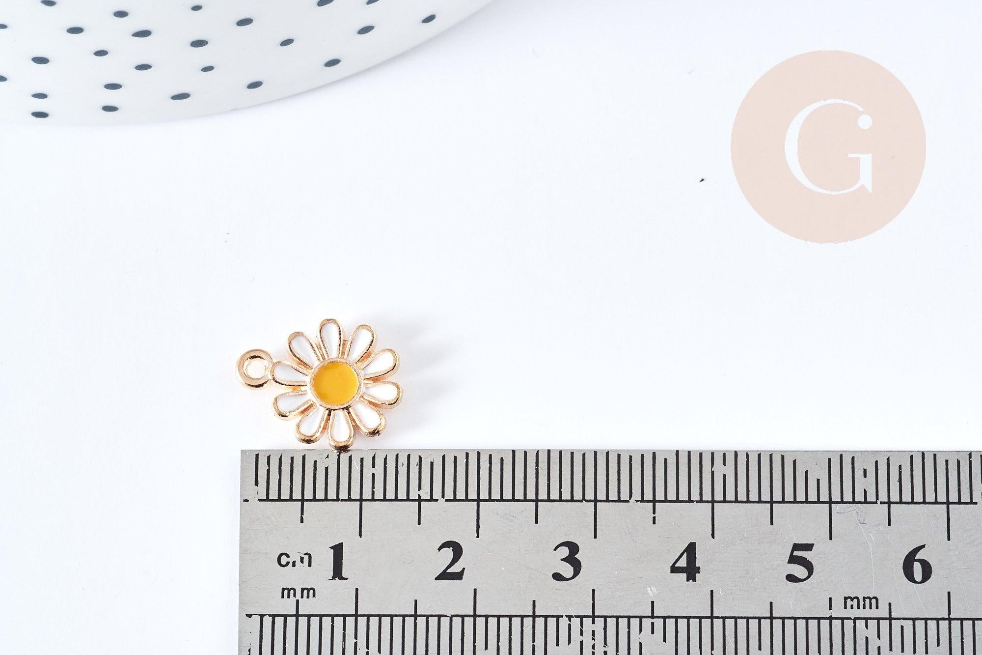 Pendentif fleur Marguerite blanche doré émaillé zamac doré 15mm, création bijoux, pendentif doré, x1 G8611