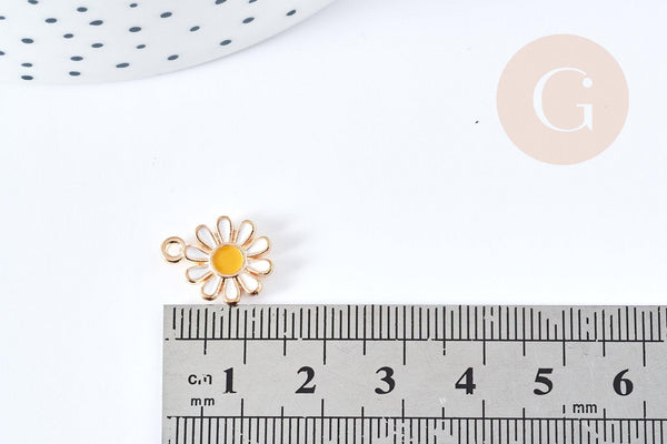 Pendentif fleur Marguerite blanche doré émaillé zamac doré 15mm, création bijoux, pendentif doré, x1 G8611