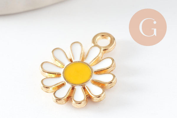 Pendentif fleur Marguerite doré émaillé zamac doré 14mm, x2 (G3657)