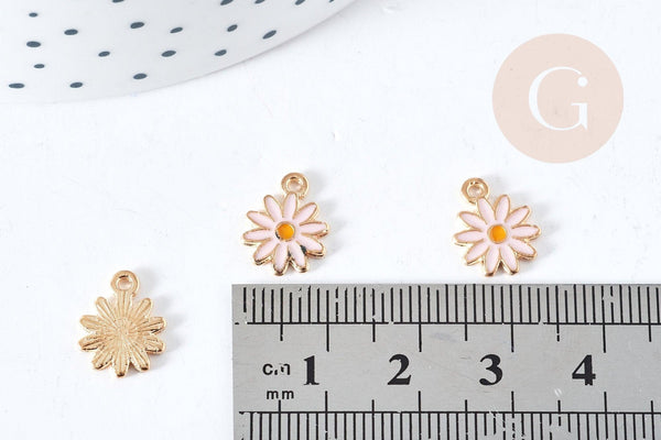 Pendentif fleur Marguerite rose doré émaillé zamac doré 13mm,création bijoux, pendentif doré, x5 G8612