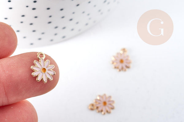 Pendentif fleur Marguerite rose doré émaillé zamac doré 13mm,création bijoux, pendentif doré, x5 G8612