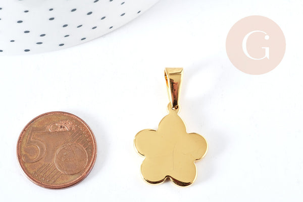 Pendentif fleur acier 304 inoxydable doré à graver 23mm, x1 (G8719)