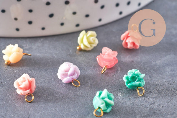 Pendentif fleur de rose résine multicolore support laiton doré 9x7mm, x10 (G4571)