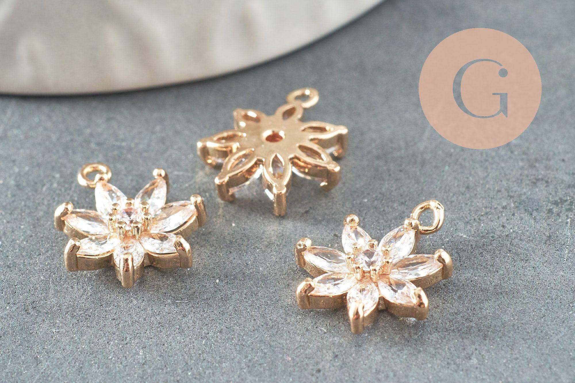 Pendentif fleur doré 24 carats zircon blanc 15mm, x1 (G4033)