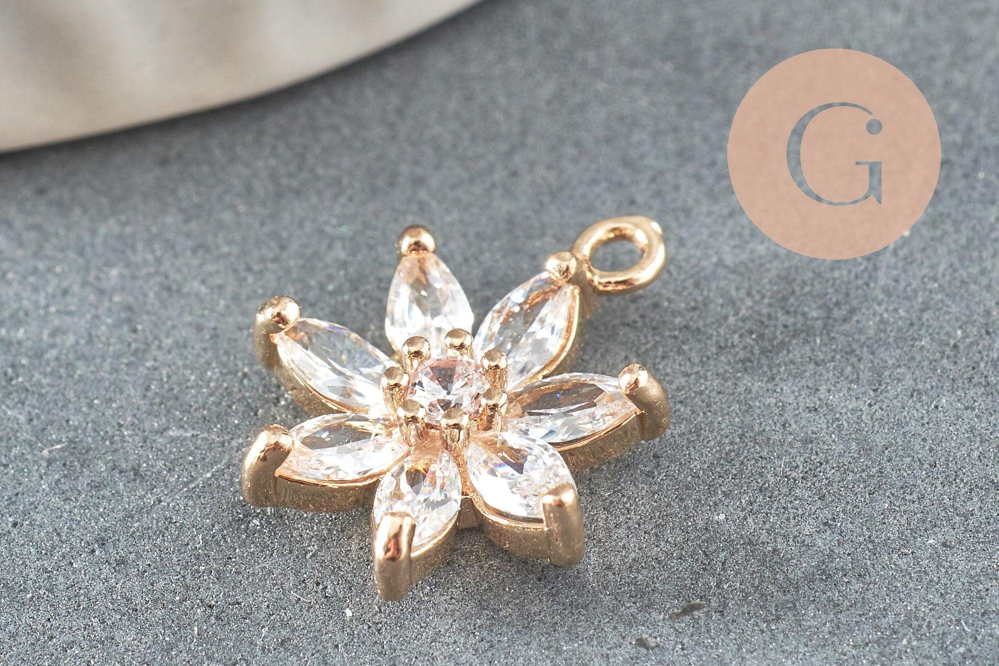 Pendentif fleur doré 24 carats zircon blanc 15mm, x1 (G4033)