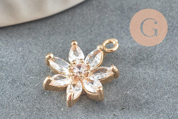 Pendentif fleur doré 24 carats zircon blanc 15mm, x1 (G4033)