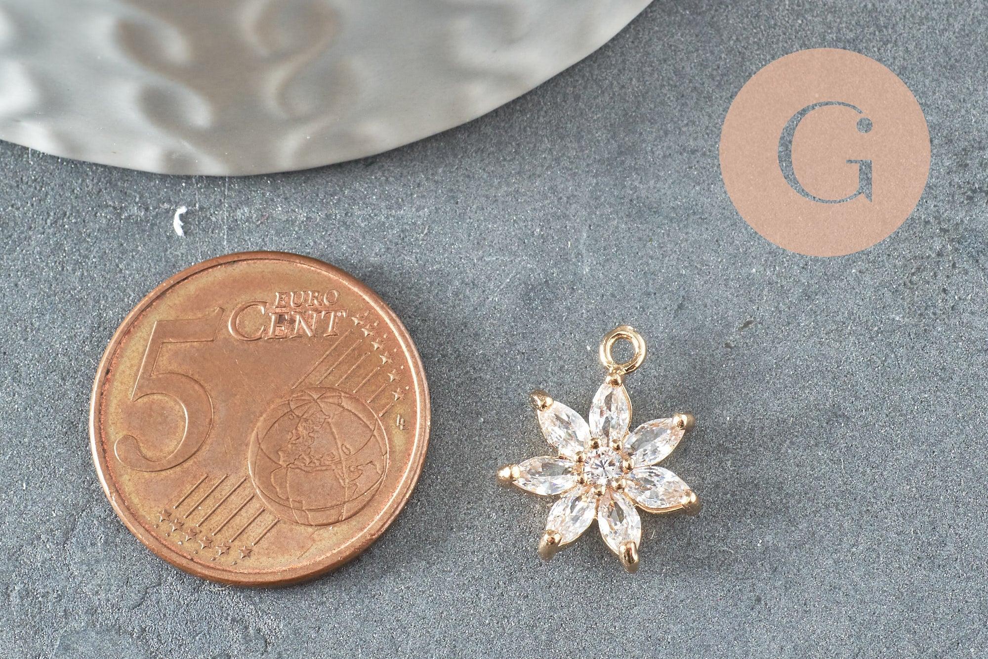 Pendentif fleur doré 24 carats zircon blanc 15mm, x1 (G4033)