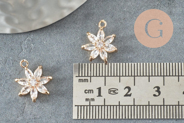 Pendentif fleur doré 24 carats zircon blanc 15mm, x1 (G4033)