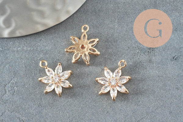 Pendentif fleur doré 24 carats zircon blanc 15mm, x1 (G4033)