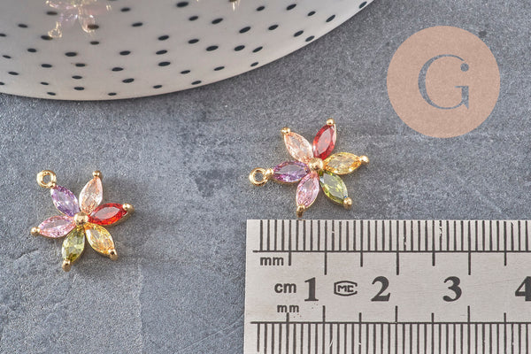 Pendentif fleur doré 24 carats zircon multicolore,pendentif doré cristal, 17mm, x1 (G5525)