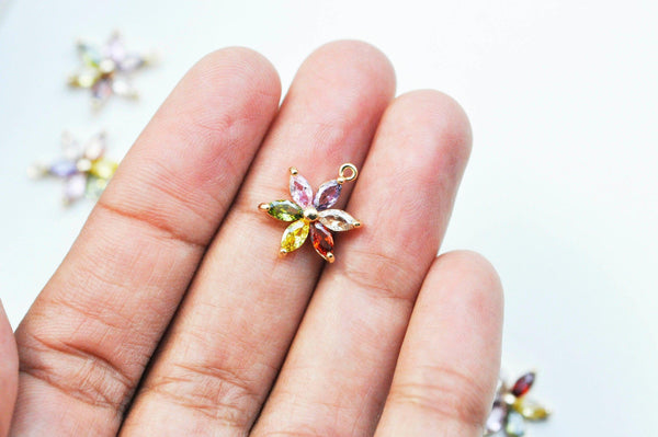 Pendentif fleur doré 24 carats zircon multicolore,pendentif doré cristal, création bijoux,17mm, x1 G5525