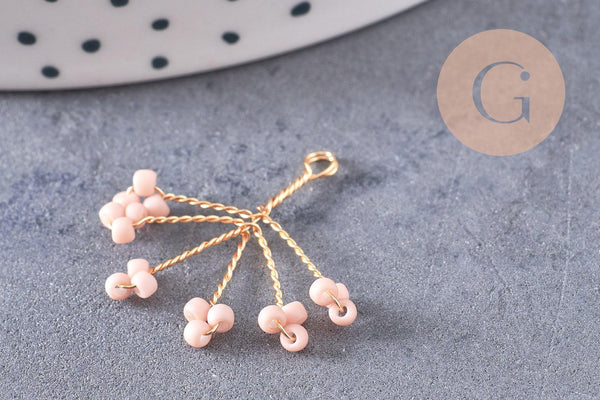 Pendentif fleur flocon perle rocaille rose laiton doré, Pendentif bijou laiton, 21mm, X2 (G3789)