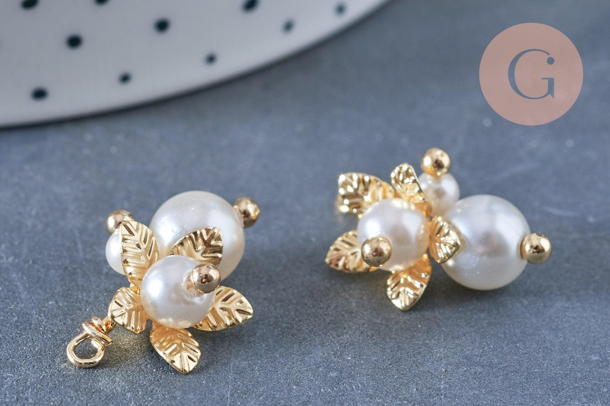 Pendentif fleur imitation perle blanc crème laiton doré 21mm,pendentif plastique,création bijoux plastique x1 G6963