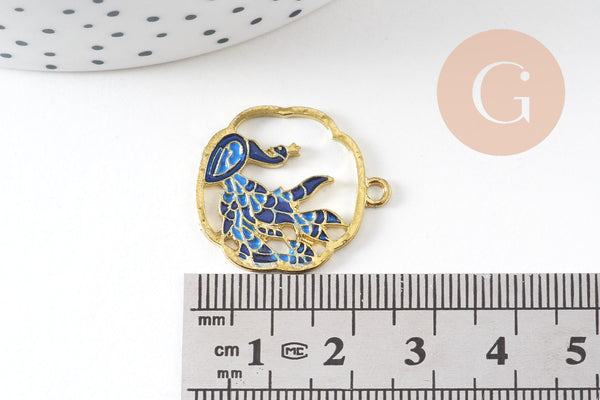 Pendentif fleur paon émail bleu zamac doré 25mm, x2 (G4276)