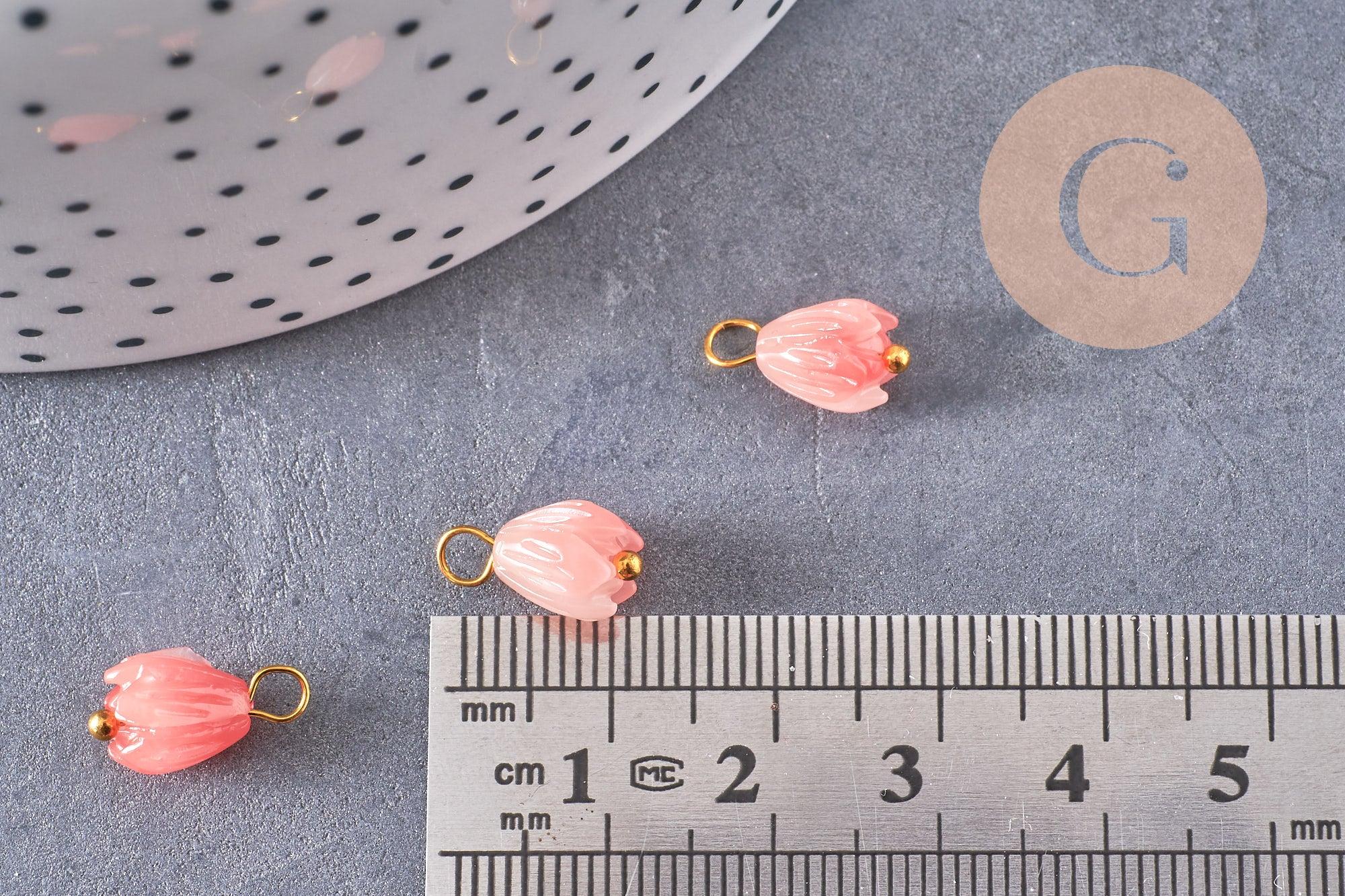 Pendentif fleur résine rose laiton doré 13mm, pendentif bourgeon fleur, x10 (G7087)