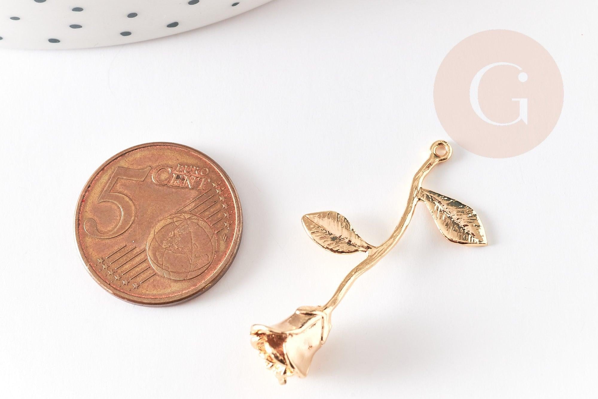 Pendentif fleur rose doré 18K, Pendentif bijou laiton,fleur laiton bijoux,37mm, x1 G6429