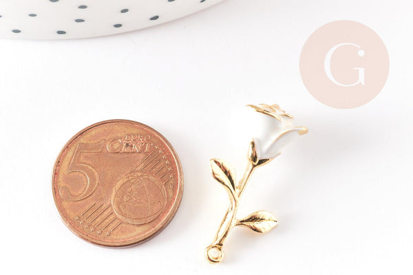 Pendentif fleur rose émail blanc, Pendentif laiton brut, bijou laiton,fleur laiton bijoux,pendentif laiton brut,27mm, x1 G6430