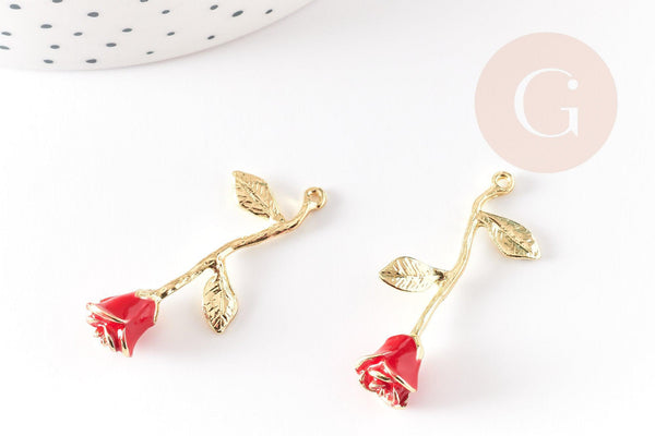 Pendentif fleur rose émail rouge, Pendentif laiton brut, bijou laiton,fleur laiton bijoux,pendentif laiton brut,38mm, x1 G5299
