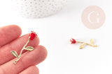 Pendentif fleur rose émail rouge laiton brut 38mm, x1 (G5299)