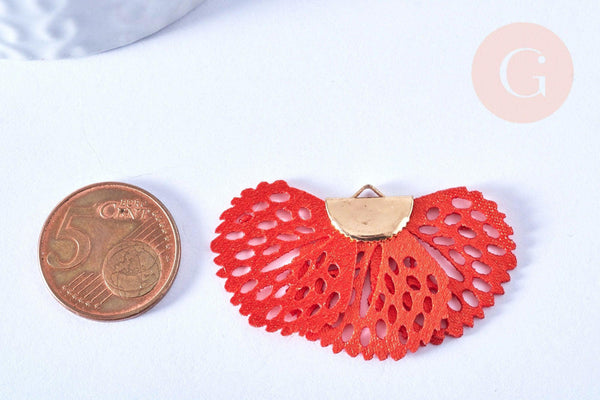 Pendentif fleur tissu soie rouge support doré,pendentif fleur en dentelle de tissu, 25x38mm, x2 (G4976)