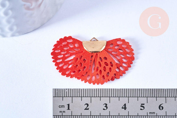 Pendentif fleur tissu soie rouge support doré,pendentif fleur en dentelle de tissu, 25x38mm, x2 (G4976)