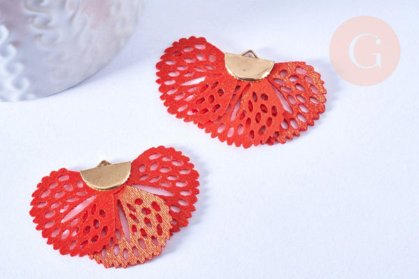 Pendentif fleur tissu soie rouge support doré,pendentif fleur en dentelle de tissu, 25x38mm, x2 (G4976)