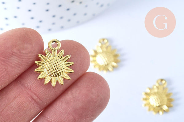 Pendentif fleur tournesol zamac doré 18.6mm, x1 (G5868)