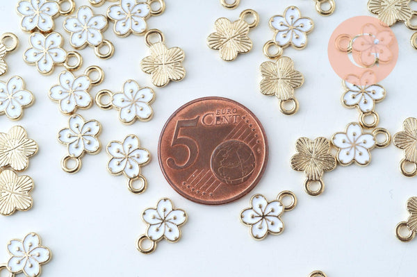 Pendentif fleur zamac doré émail blanc 12mm,pendentif doré pour création de bijoux, x5 (G6088)