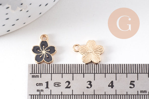 Pendentif fleur zamac doré émail noir 12mm, x5 (G6109)