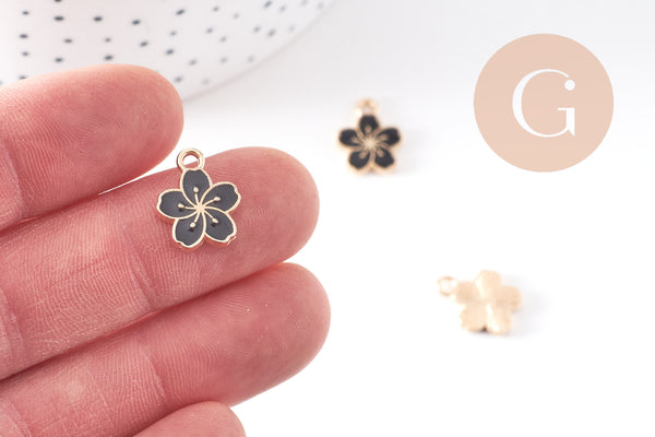 Pendentif fleur zamac doré émail noir 12mm, x5 (G6109)