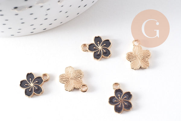 Pendentif fleur zamac doré émail noir 12mm, x5 (G6109)