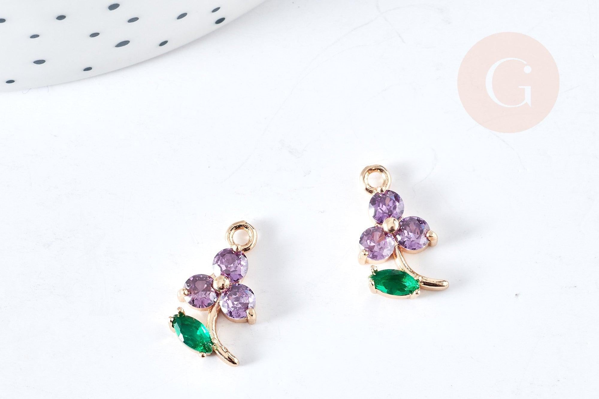 Pendentif fleur zircons violet laiton doré 17mm,pendentif fleurs création bijoux, x1 (G8404)