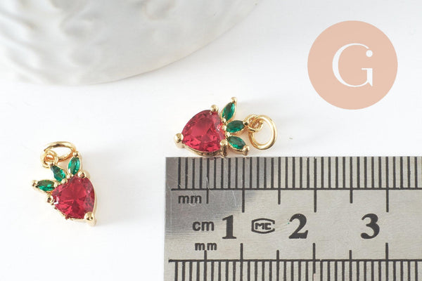 Pendentif fraise doré 18K zircons,pendentif fruit création bijoux, pendentif doré, 13mm, x1 (G4275)