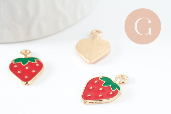 Pendentif fraise doré émaillé rouge 20.5mm, x2 (G4528)