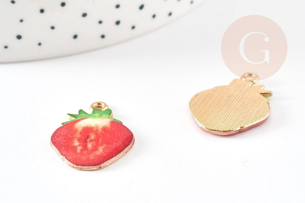 Pendentif fraise émaillée zamac doré 26mm, pendentif fruit création bijoux fantaisie, x1 G9169