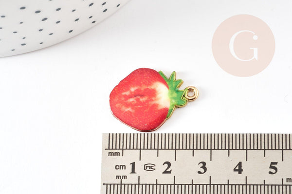 Pendentif fraise émaillée zamac doré 26mm, pendentif fruit création bijoux fantaisie, x1 G9169