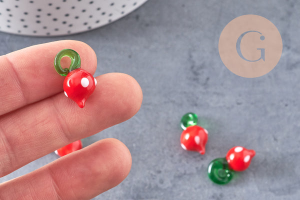 Pendentif fraise fruit rouge verre artisanal tchèque 25mm, x5 (G1985)