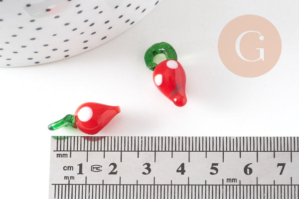 Pendentif fraise fruit rouge verre tchèque 19-21mm, x5 (G4235)
