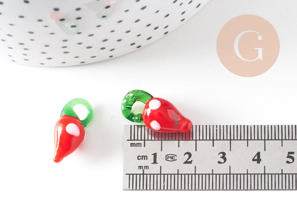 Pendentif fraise fruit rouge verre tchèque 19-21mm, x5 (G4235)