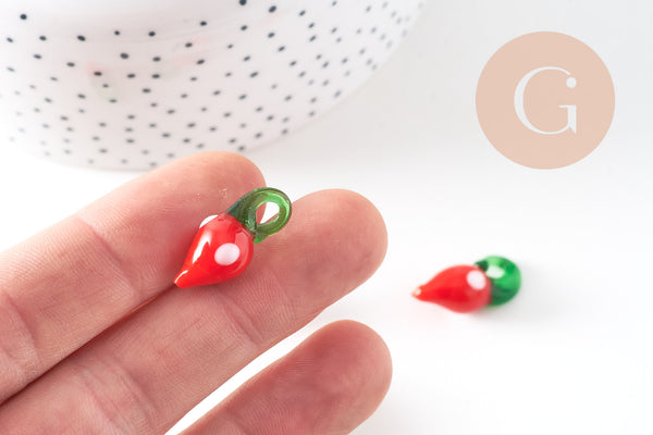 Pendentif fraise fruit rouge verre tchèque 19-21mm, x5 (G4235)