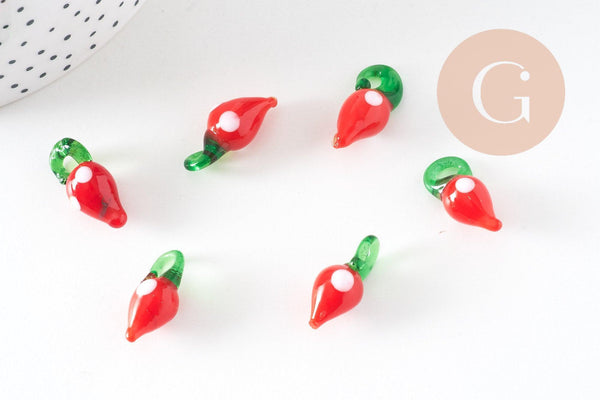 Pendentif fraise fruit rouge verre tchèque 19-21mm, x5 (G4235)