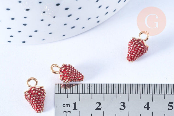 Pendentif fraise zamac doré émaillé rouge 16mm, x5 (G5265)