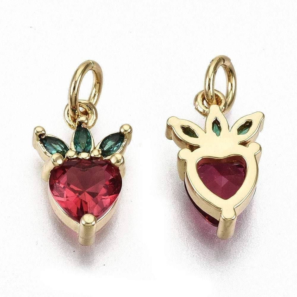 Pendentif fraise doré 18K zircons,pendentif fruit création bijoux, pendentif doré, 13mm, x1 (G4275)