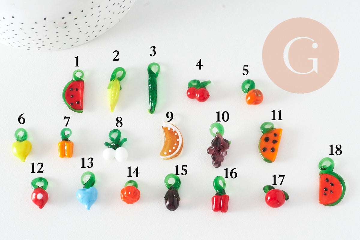 Pendentif fruits légumes en verre artisanal 13.5-34mm, x1 (G10052)