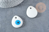 Pendentif goutte Mauvais Oeil verre blanc 34x30mm,pendentif verre artisanal chance pour création bijoux, x1 G8851