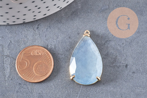Pendentif goutte agate bleu clair support doré, pendentif pierre,agate naturelle, agate bleue,création bijoux, pierre naturelle, 32mm, x1 G3058