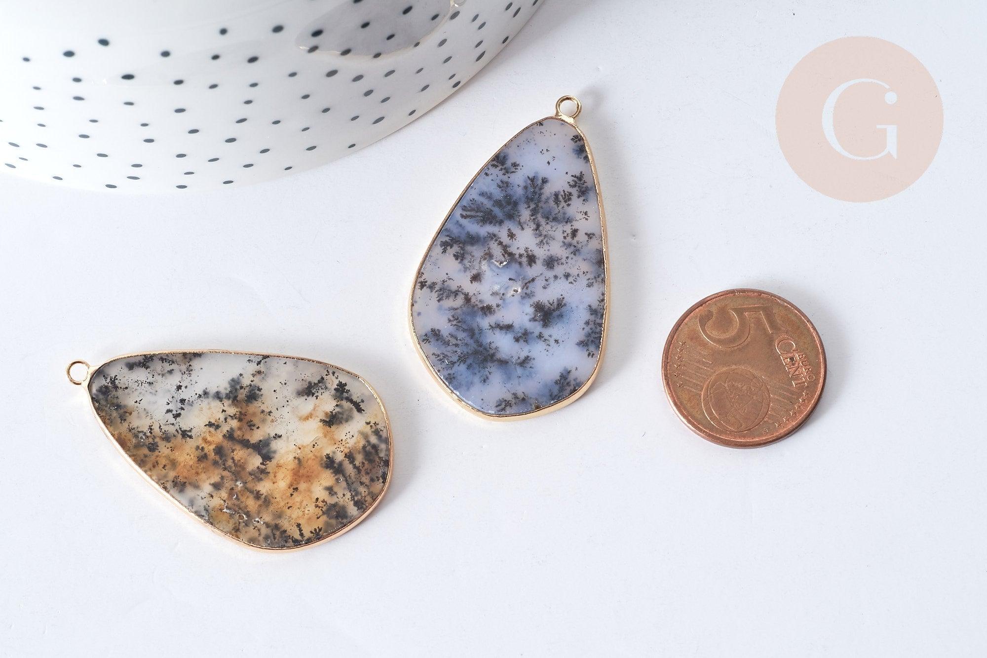 Pendentif goutte agate mousse doré 45mm, pendentif pierre agate mousse naturel, x1 G7939