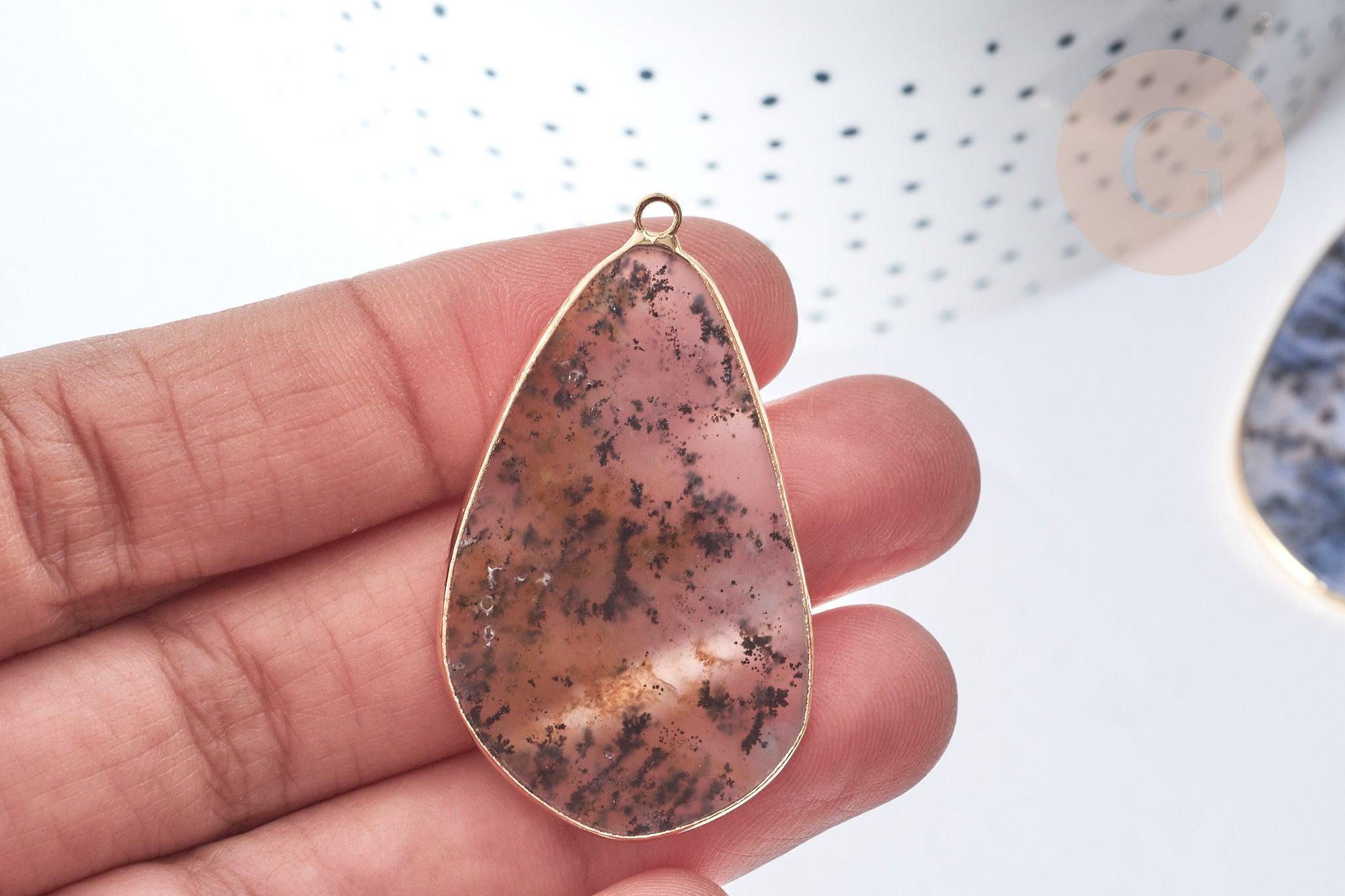 Pendentif goutte agate mousse doré 45mm, pendentif pierre agate mousse naturel, x1 G7939