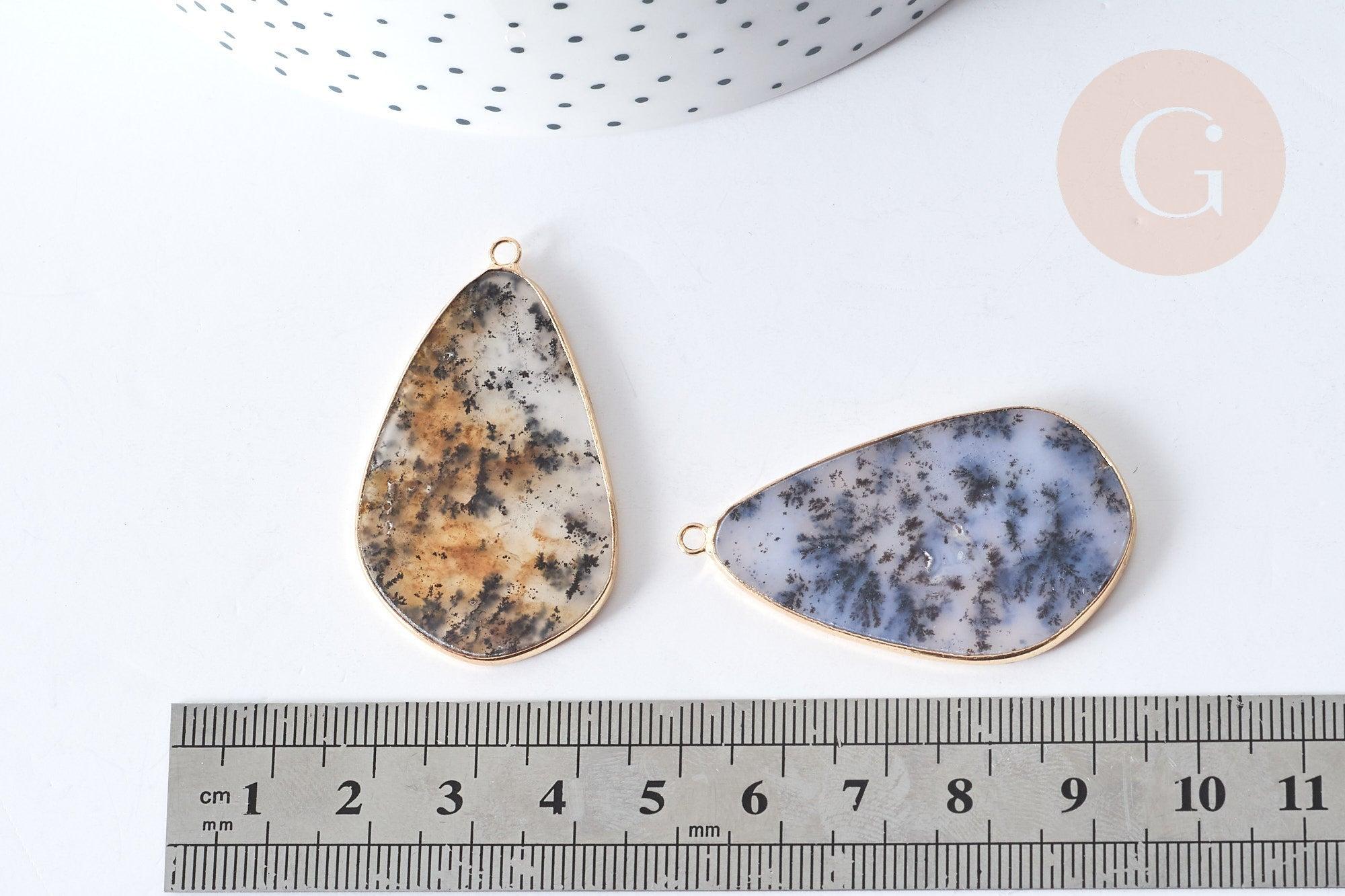 Pendentif goutte agate mousse doré 45mm, pendentif pierre agate mousse naturel, x1 G7939