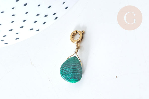 Pendentif goutte amulette imitation malachite acier inoxydable doré 21mm, pendentif pierre naturelle, x1 (G7628)